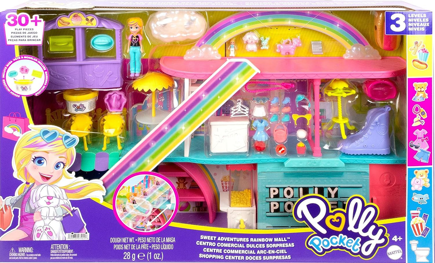 Polly Pocket Playset, Sweet Adventures Rainbow  Mall with 3-inch Doll & 35+ Accessories, Includes  3 Floors & 9 Play Areas