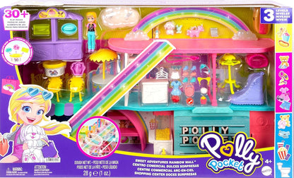 Polly Pocket Playset, Sweet Adventures Rainbow  Mall with 3-inch Doll & 35+ Accessories, Includes  3 Floors & 9 Play Areas