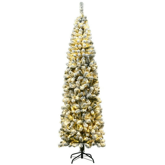 Gymax GYM06136 7.5ft Pre-lit Pencil Snow Flocked Pencil Christmas Tree